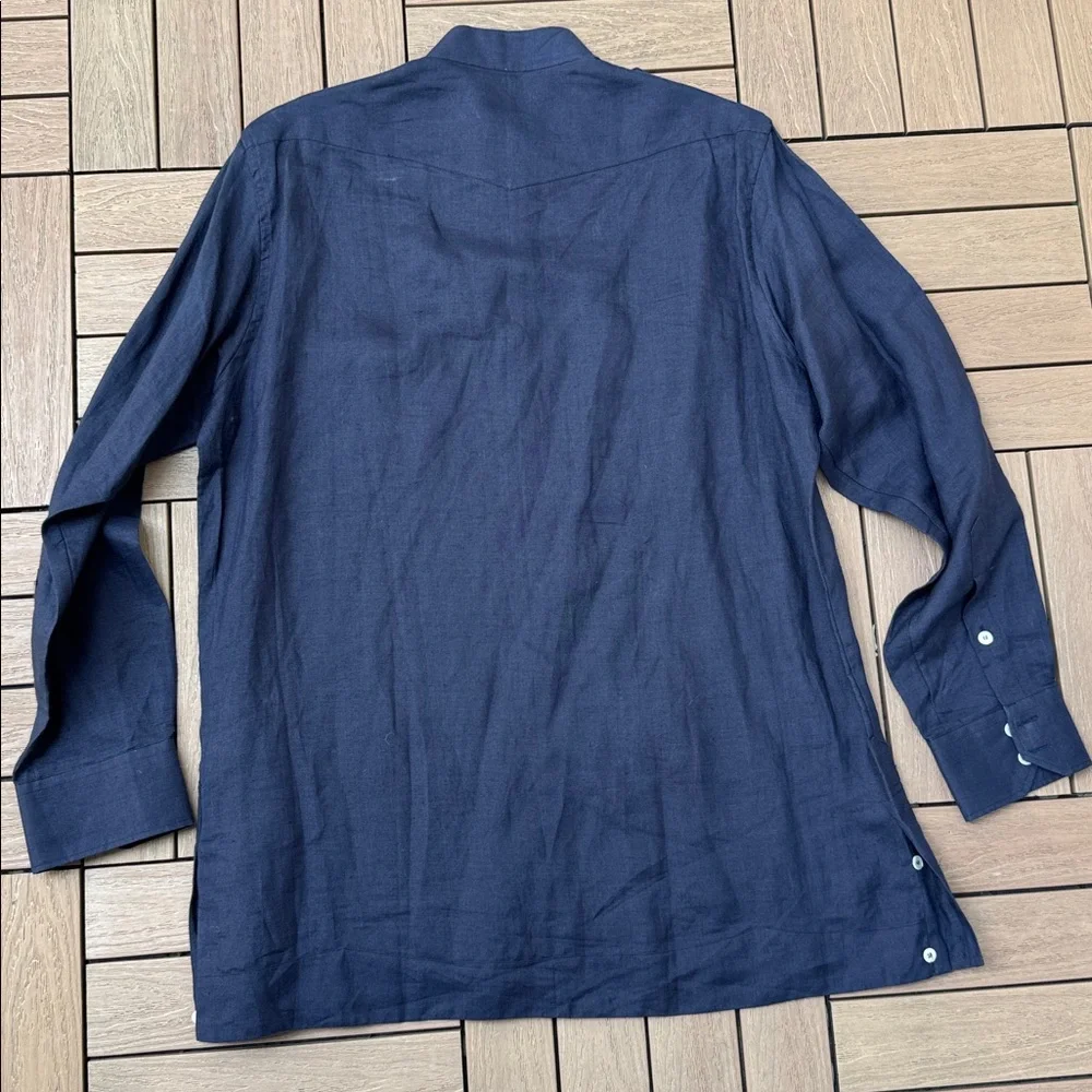 Πετράτος (Petratos) navy blue linen safari shirt button-epaulets patch pockets - Picture 4 of 5
